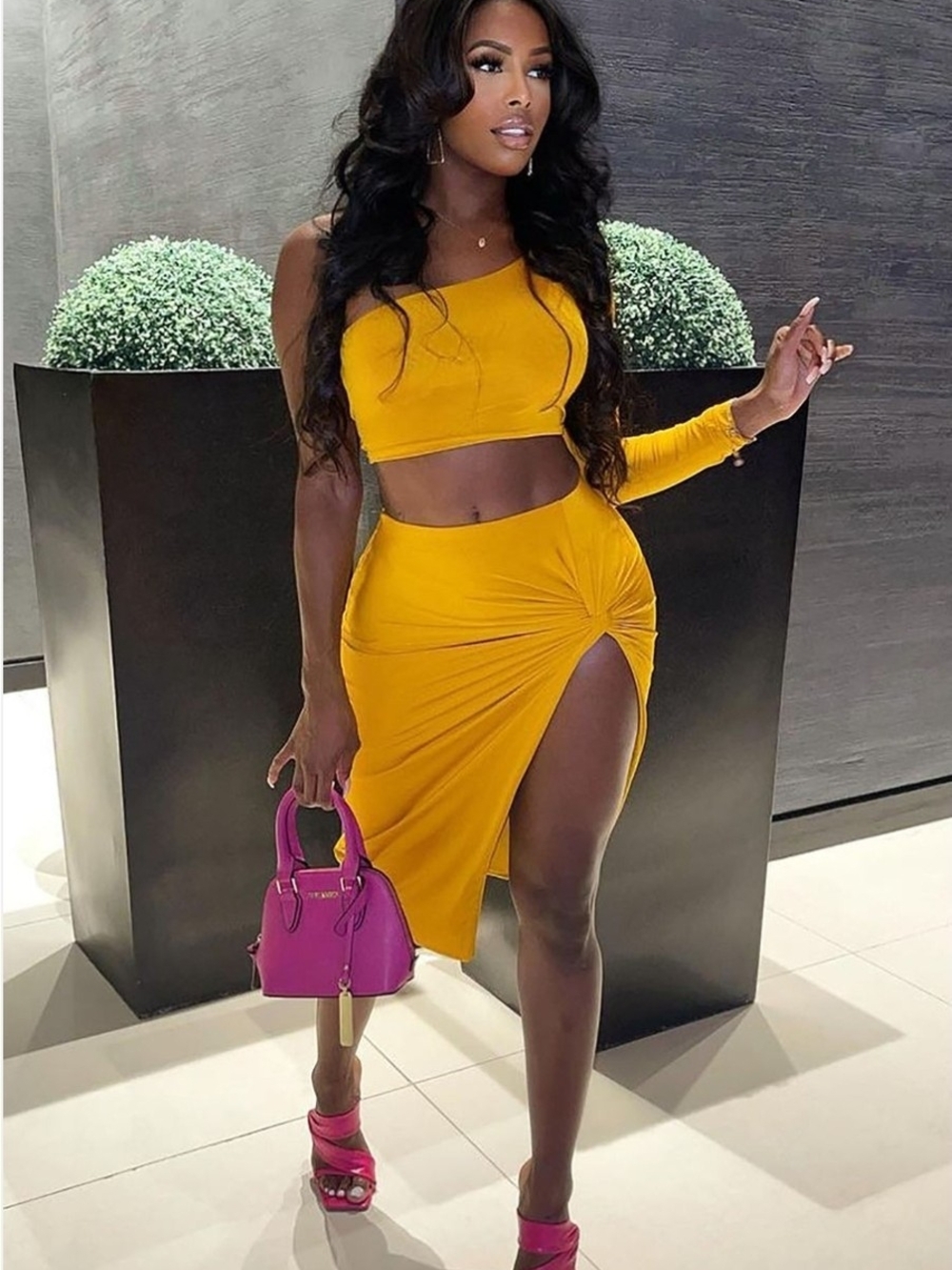 Fashion Nova Looking Amazing One-Shoulder Top And Skirt Set  Mustard New